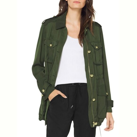 New! MICHAEL KORS Women's Lightweight Utility Jacket Drawstring Waist Jade Green - Picture 1 of 5